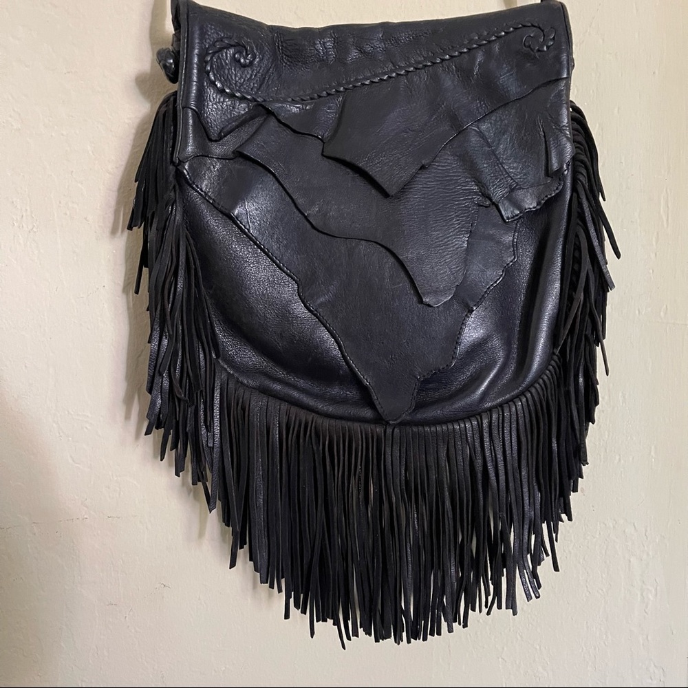 Vintage Black Leather 80s Eighties Fringe Boho Gypsy Purse Handbag Bag
